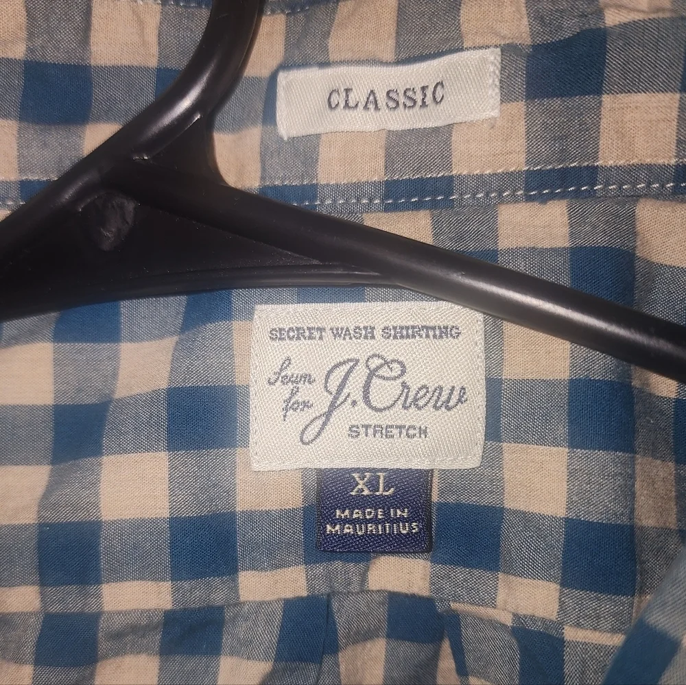 Mens J Crew Classic Secret Wash Stretch Blue and Beige Checkered Button Down XL